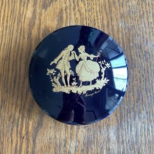 Vintage Porcelain Trinket Box Limoges Castel  Cobalt Blue Gold Courting Couple